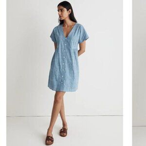 Madewell Button- Front V-neck Flowy A-line Sky Blue Shirt Mini Dress Size Large